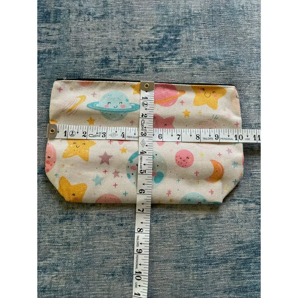 Blue Pink Star Moon Planet Cotton Canvas Small Makeup Bag Travel Toiletry Pouch